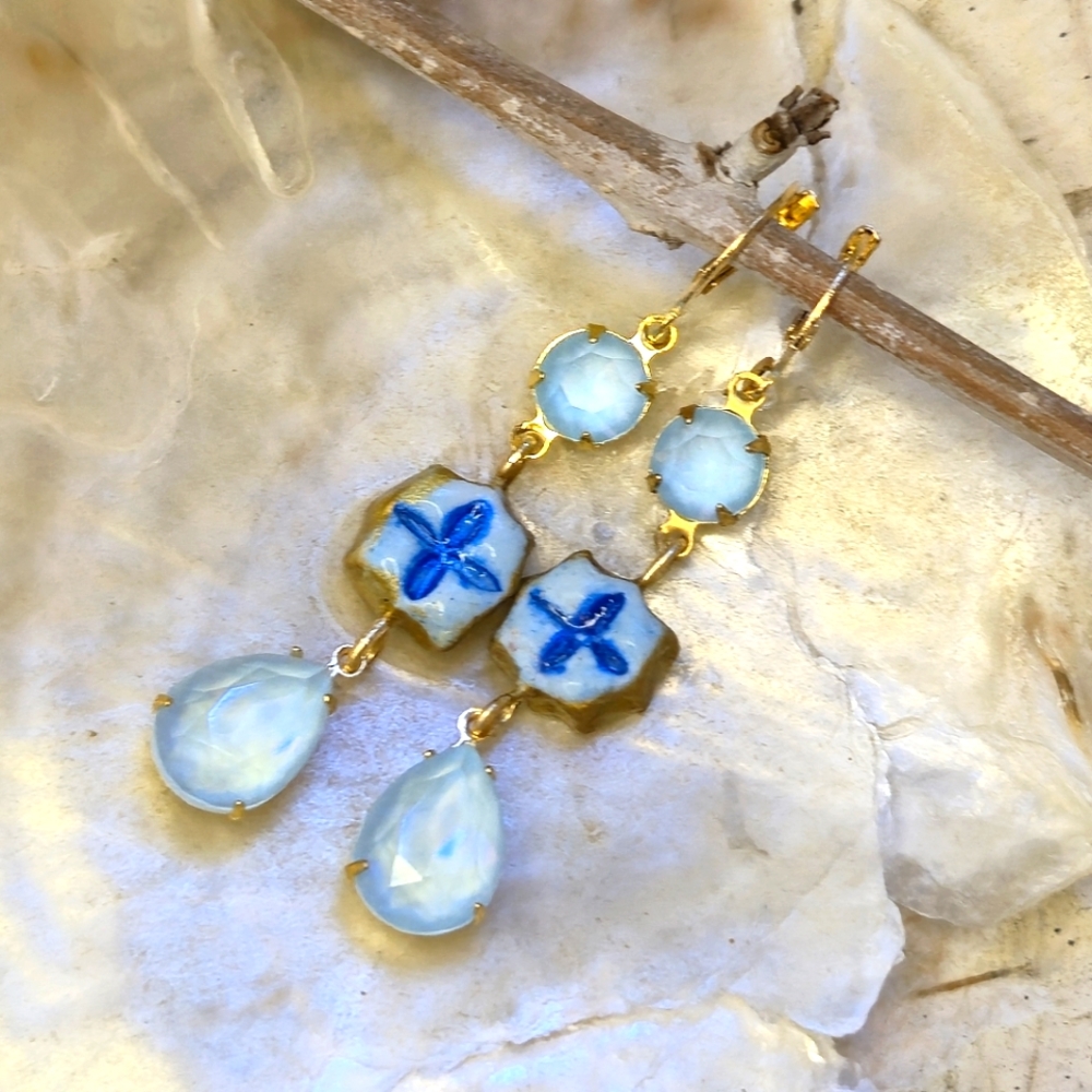 Hand Crafted Sky Blue Victorian Three Tier Earrings With Swarovski Crystals